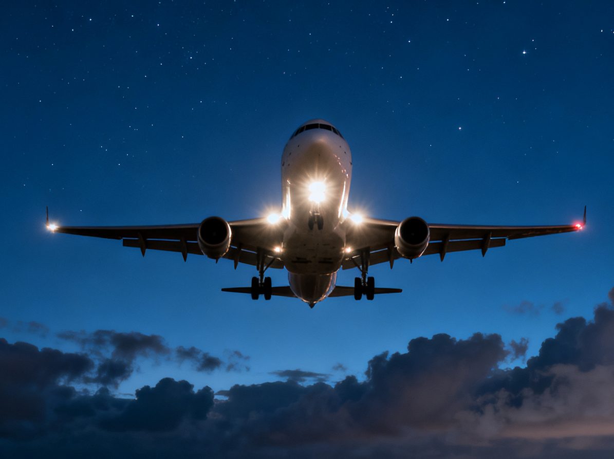 Commercial aircraft on approach with landing lights illuminated against starry night sky