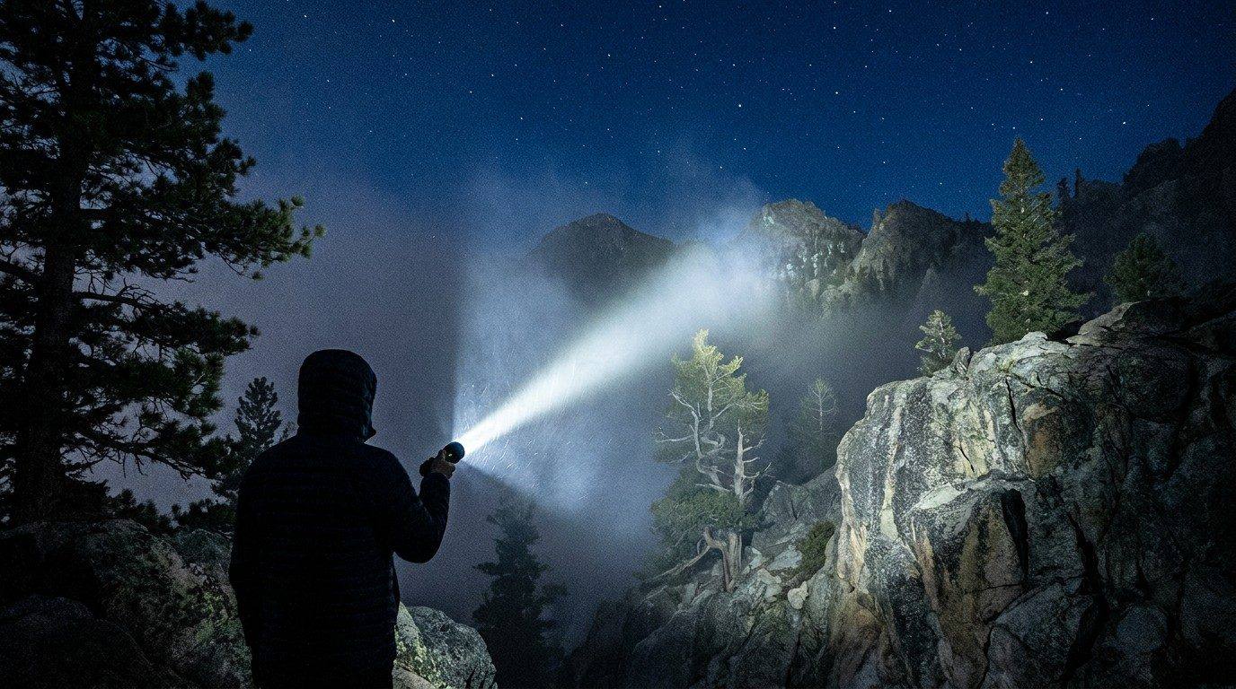 Aurora फ्लैशलाइट बीम पहाड़ी जंगल को रोशन करती हुई