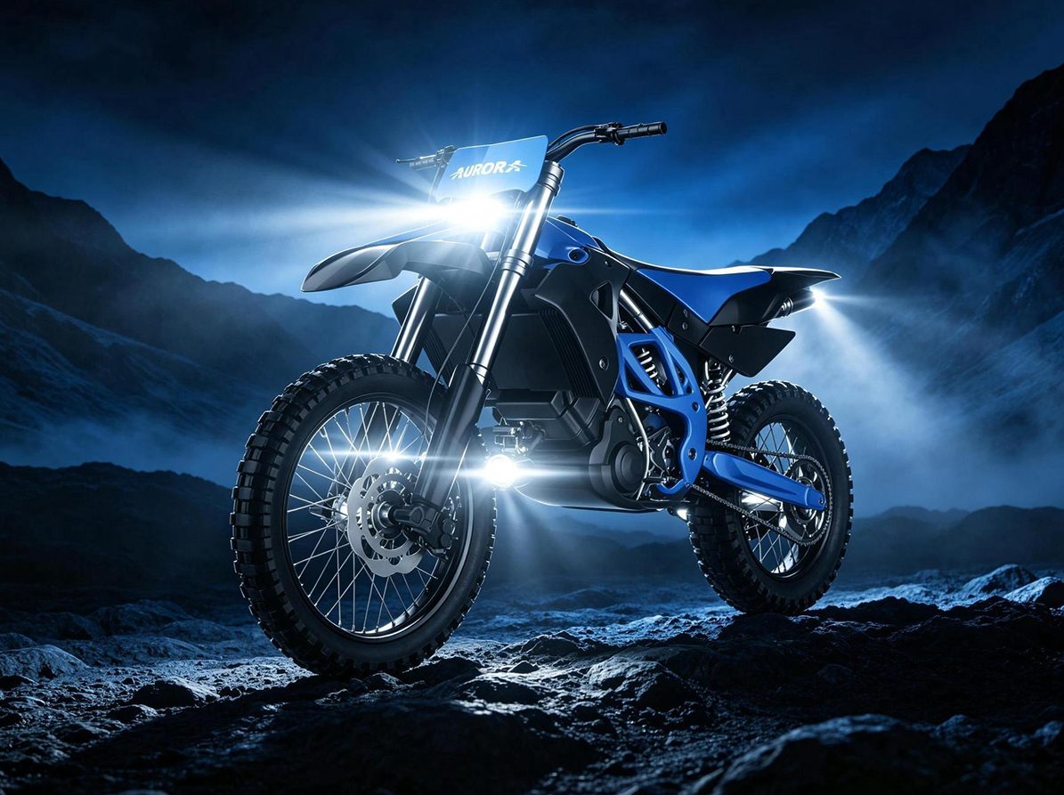 Blue off-road motorcycle with Aurora LED headlight and frame lights at night