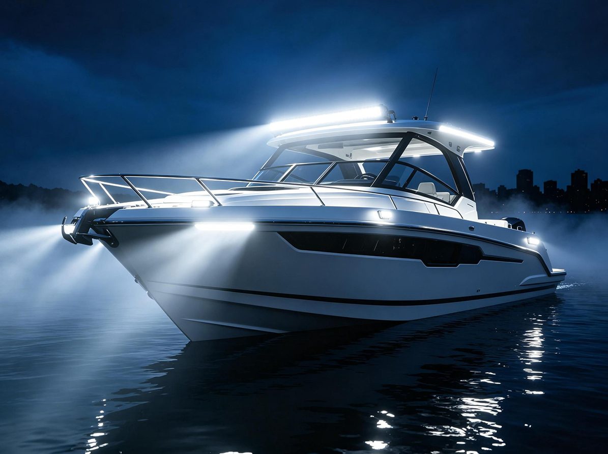 Luxury white yacht with Aurora marine LED deck and underwater lights at night on calm water