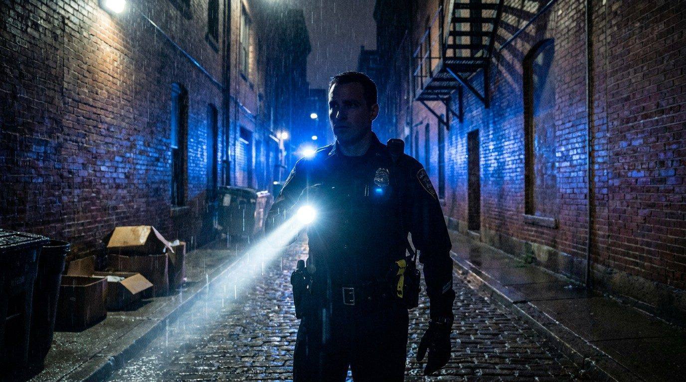 पुलिस अधिकारी ड्यूटी पर Aurora टैक्टिकल फ्लैशलाइट का उपयोग करते हुए