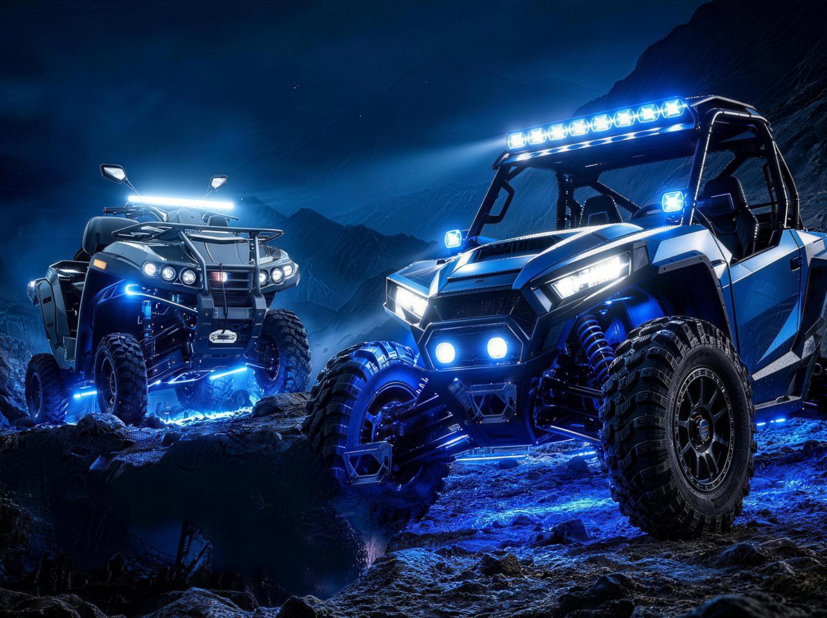 Two UTVs with bright blue Aurora LED light bars and rock lights on rocky terrain at night