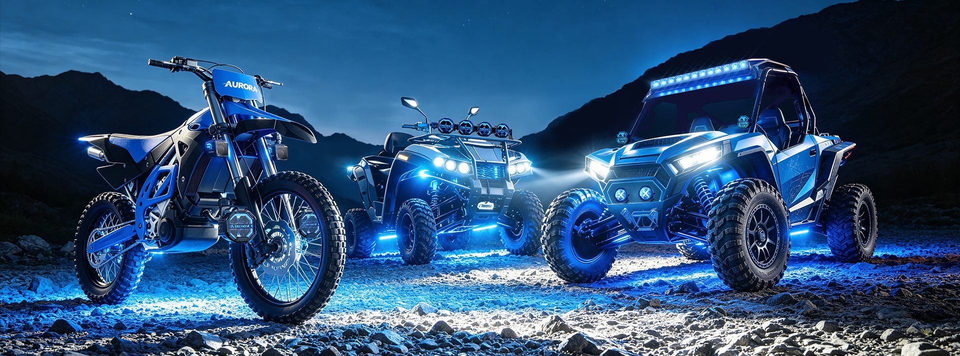 Two UTVs with bright blue Aurora LED light bars and rock lights on rocky terrain at night