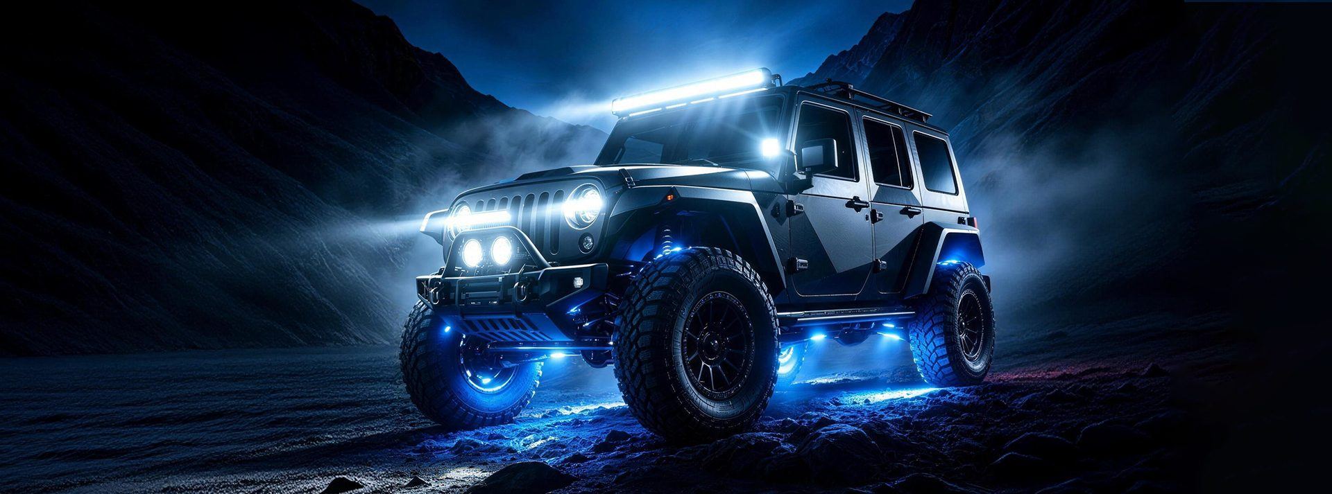 Off-road Jeep with blue Aurora LED light bar and rock lights at night